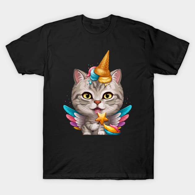 Silver Tabby Cat Ice Cream Unicorn T-Shirt by stonemask